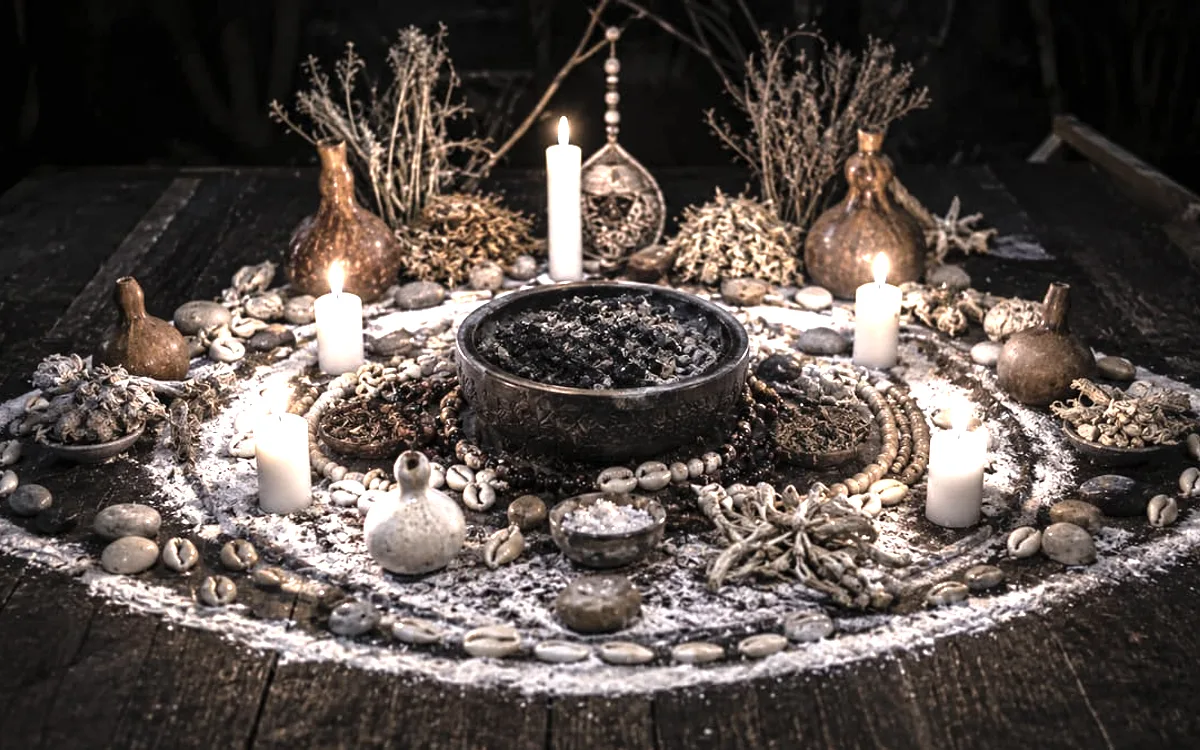 Cercle de sel et bougies allumées sur une table de bois