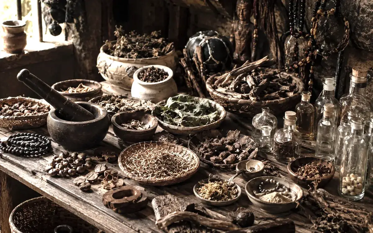 Mortier de bois, bols d’écorces et flacons sur une table d’herboriste